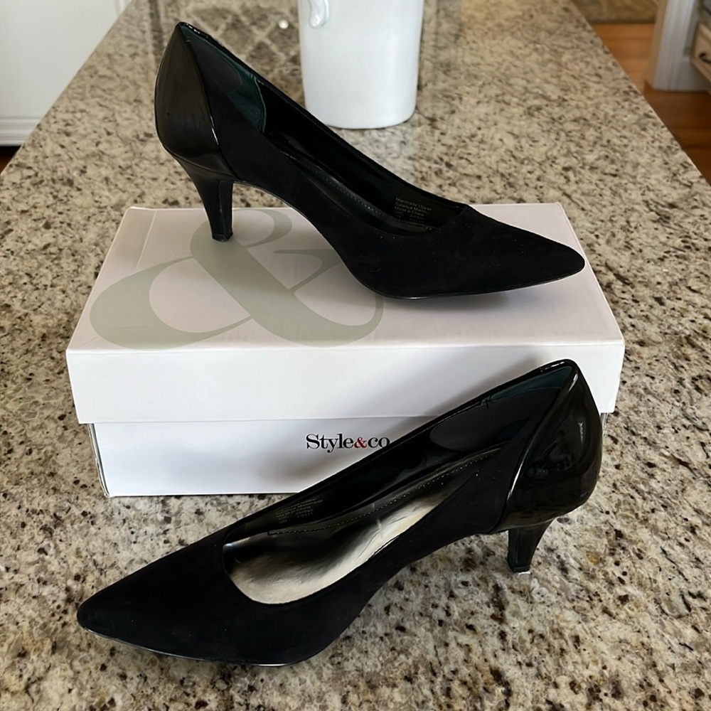 Style & Co black suede/patent heel. Size 8